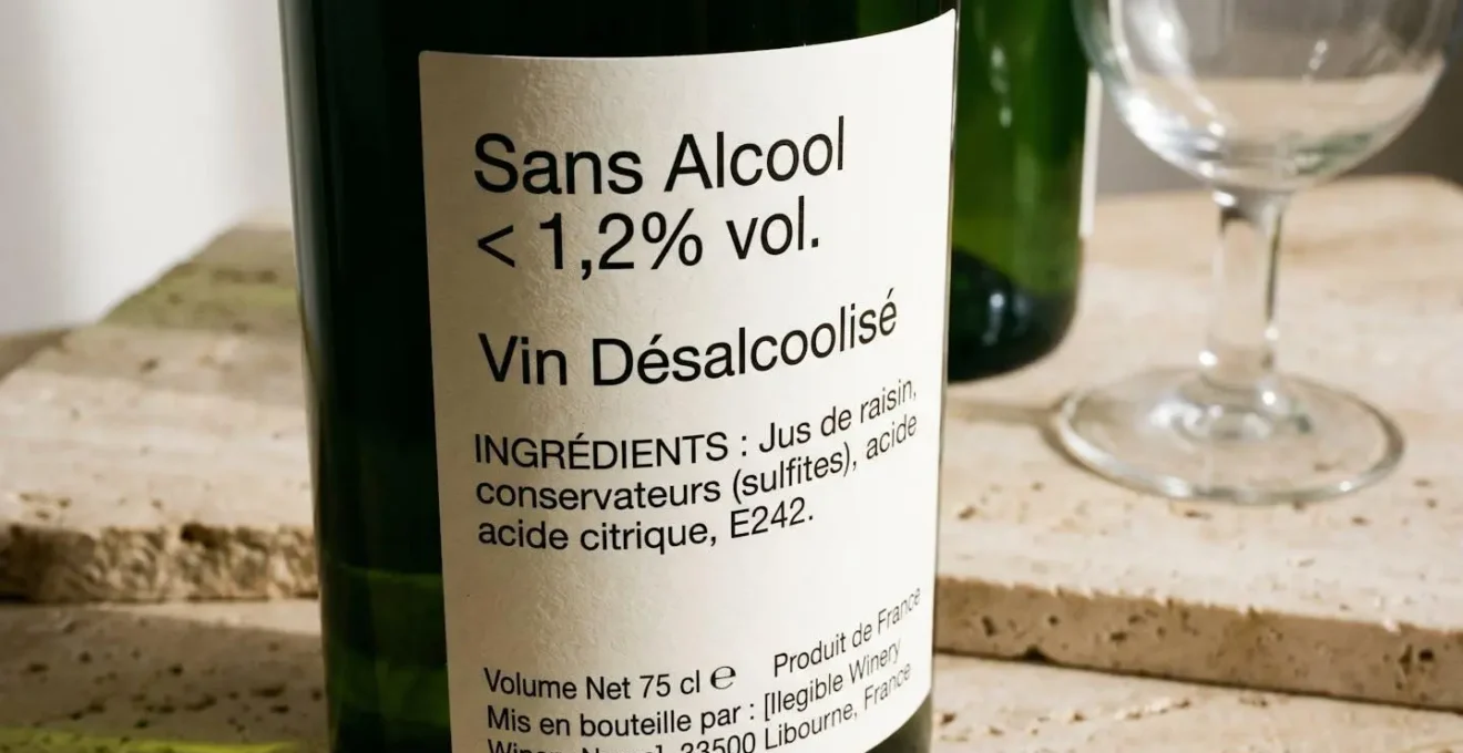 Gros plan horizontal sur l'étiquette d'une bouteille de vin désalcoolisé français, focus net sur les mentions réglementaires 'Sans Alcool' et '< 1,2% vol.' avec liste d'ingrédients en français, bouteille posée sur surface en bois clair, verre à vin flouté en arrière-plan