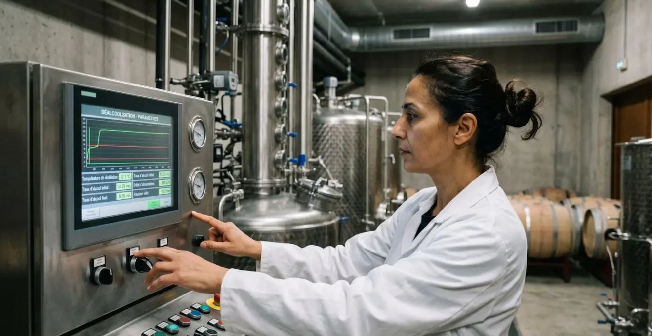 Intérieur d'une cave viticole moderne avec équipement de désalcoolisation en inox, une technicienne en blouse blanche contrôle des paramètres sur un écran de monitoring affichant courbes et valeurs en français