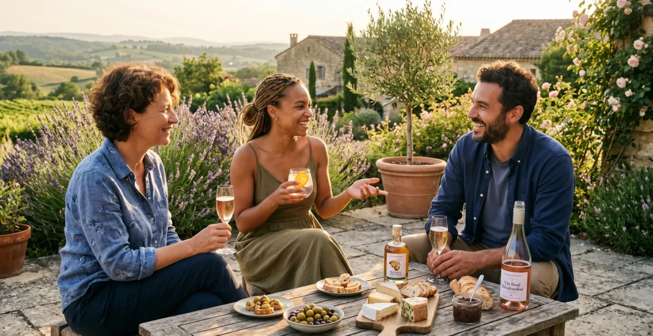 Terrasse française en golden hour avec trois personnes de profils variés autour d'une table basse, tenant des verres de boissons sans alcool (vin rosé désalcoolisé, spiritueux pétillant), en conversation naturelle, avec amuse-bouches et végétation méditerranéenne en arrière-plan