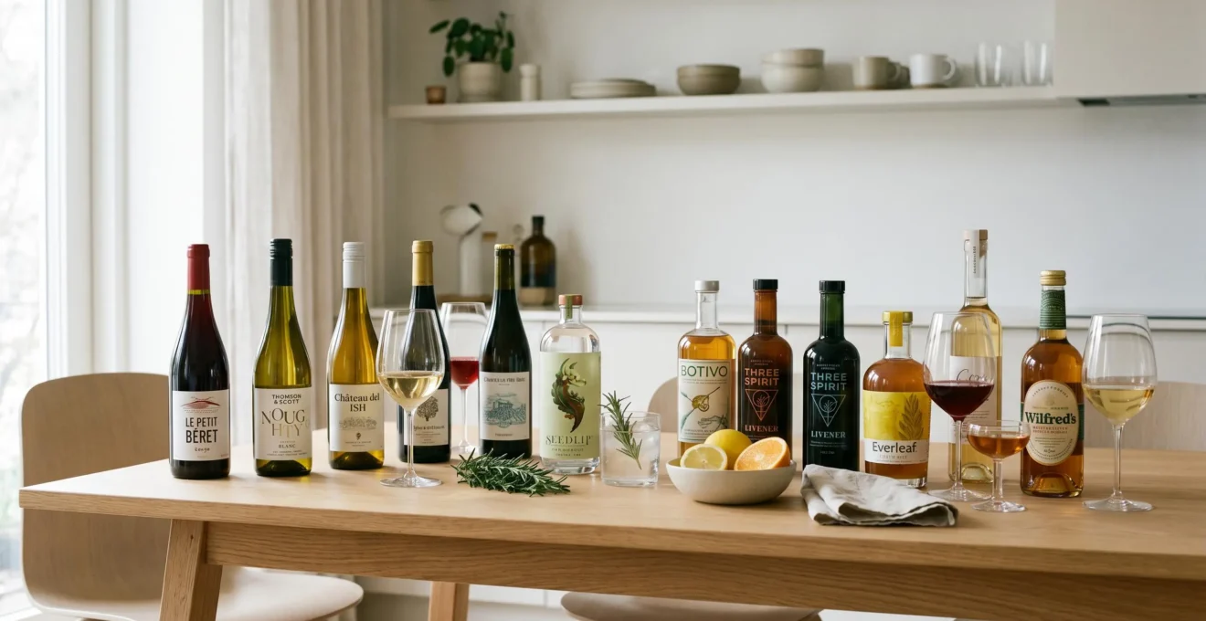 Table en bois clair présentant plusieurs bouteilles de boissons sans alcool (vins désalcoolisés, spiritueux aromatisés, pétillants) accompagnées de verres à vin et à cocktail, dans une lumière naturelle douce avec quelques éléments décoratifs (romarin, agrumes)