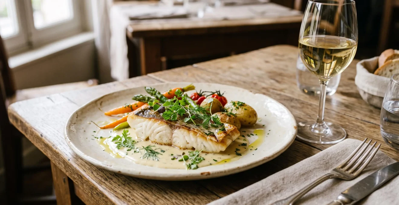 Plated white fish dish with herbs and vegetables accompanied by a glass of white wine on a dining table