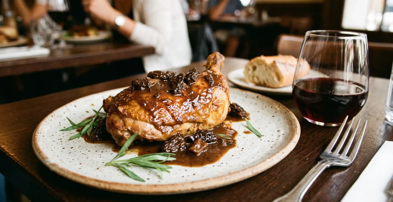 Roasted chicken with rich mushroom sauce accompanied by a glass of red wine on a dining table