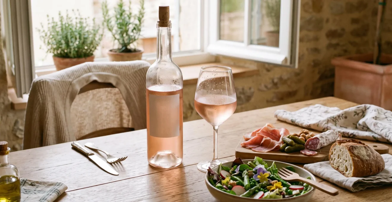 Bottle and glass of rosé wine with fresh seasonal dish on a dining table in spring or autumn setting