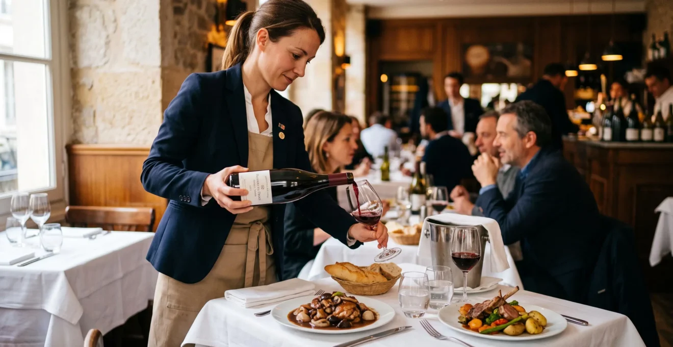 Sommelier pouring red wine into a glass at a dining table with plated dishes during a meal service